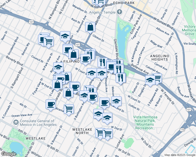 map of restaurants, bars, coffee shops, grocery stores, and more near 1717 West Court Street in Los Angeles