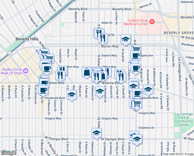 map of restaurants, bars, coffee shops, grocery stores, and more near 107 North Doheny Drive in Beverly Hills