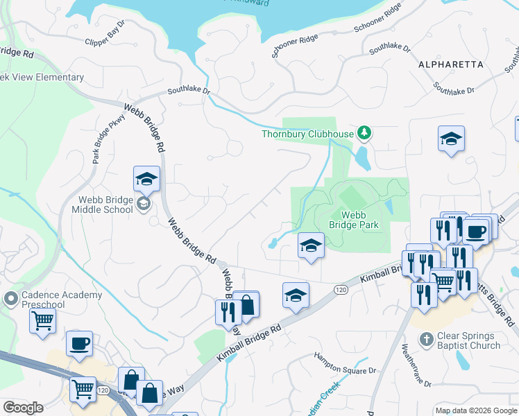 map of restaurants, bars, coffee shops, grocery stores, and more near 1201 Friar Court in Alpharetta