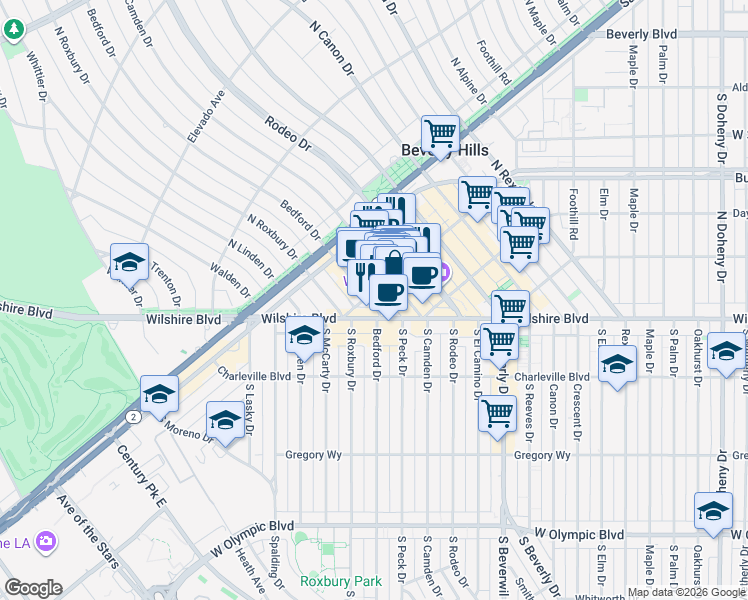 map of restaurants, bars, coffee shops, grocery stores, and more near in Beverly Hills