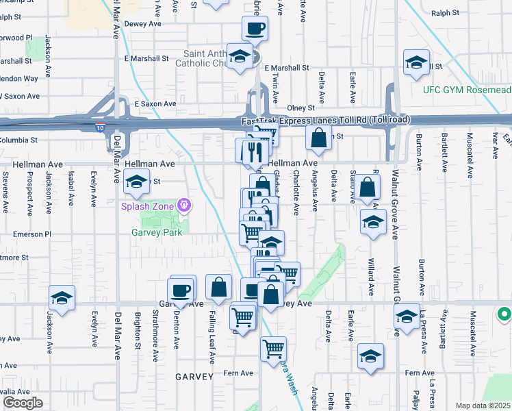 map of restaurants, bars, coffee shops, grocery stores, and more near 3300 San Gabriel Boulevard in Rosemead
