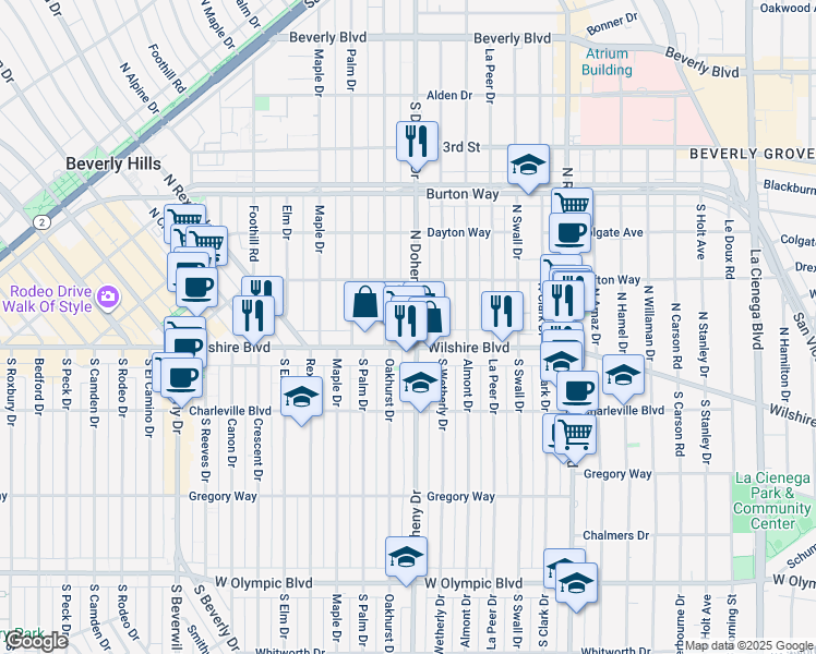 map of restaurants, bars, coffee shops, grocery stores, and more near 107 North Doheny Drive in Beverly Hills