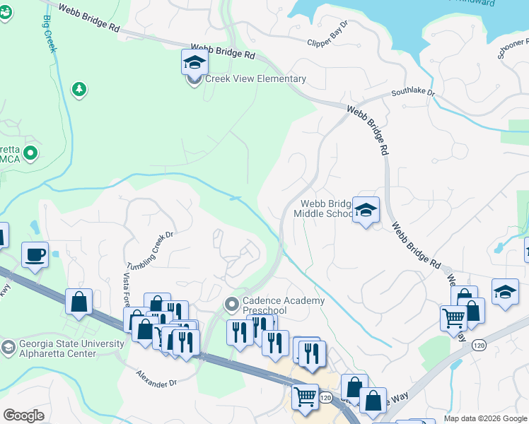map of restaurants, bars, coffee shops, grocery stores, and more near 240 Autumn Sage Drive in Alpharetta