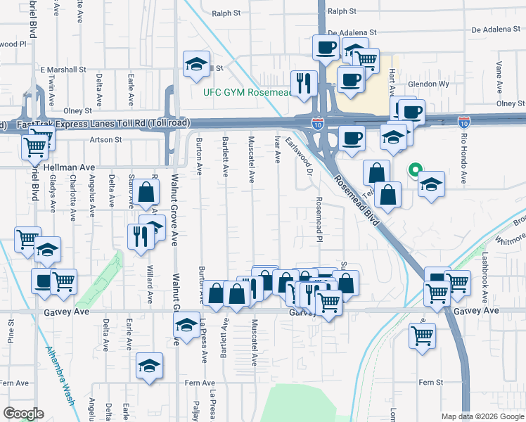 map of restaurants, bars, coffee shops, grocery stores, and more near 3246 Muscatel Avenue in Rosemead