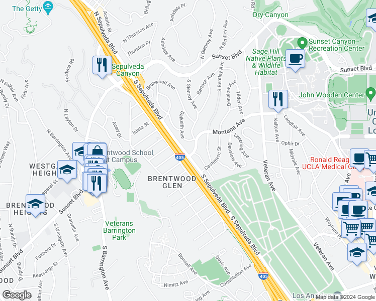 map of restaurants, bars, coffee shops, grocery stores, and more near 390 South Sepulveda Boulevard in Los Angeles