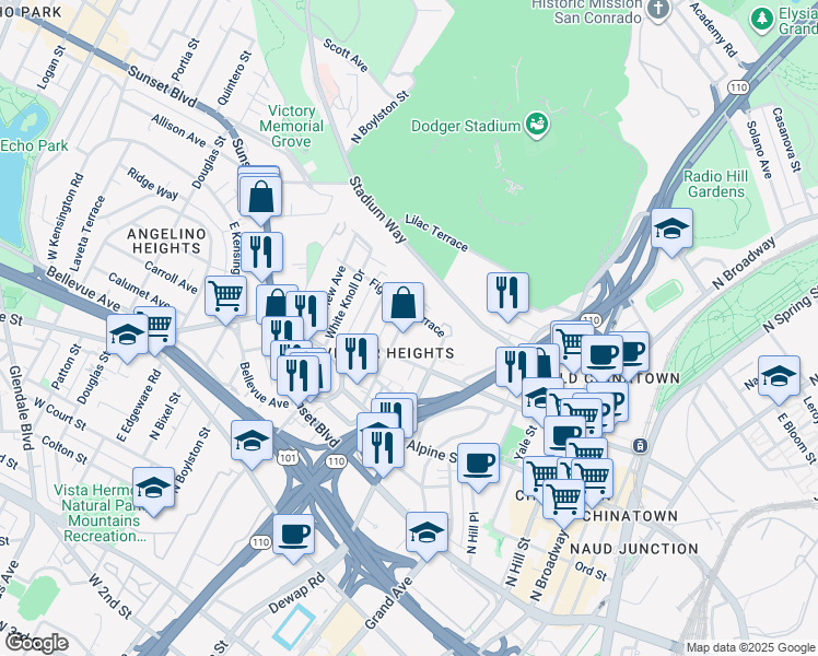 map of restaurants, bars, coffee shops, grocery stores, and more near 956 Centennial Street in Los Angeles
