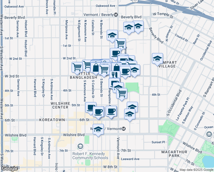 map of restaurants, bars, coffee shops, grocery stores, and more near 345 South New Hampshire Avenue in Los Angeles