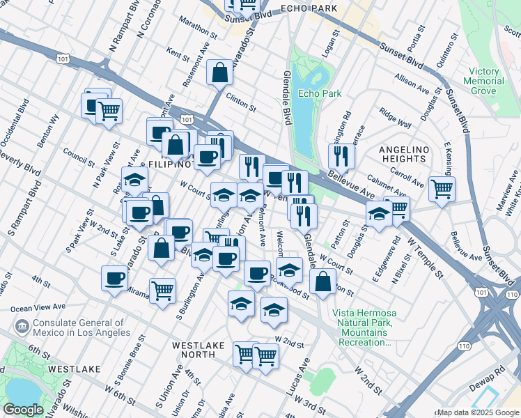 map of restaurants, bars, coffee shops, grocery stores, and more near 333 Belmont Avenue in Los Angeles