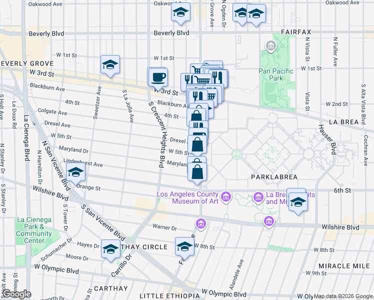 map of restaurants, bars, coffee shops, grocery stores, and more near 6214 Drexel Avenue in Los Angeles