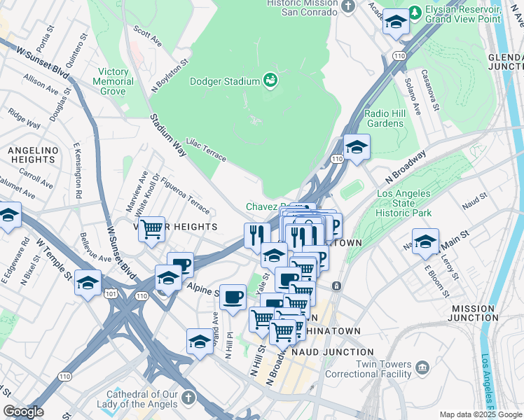 map of restaurants, bars, coffee shops, grocery stores, and more near 712 Bernard Street in Los Angeles