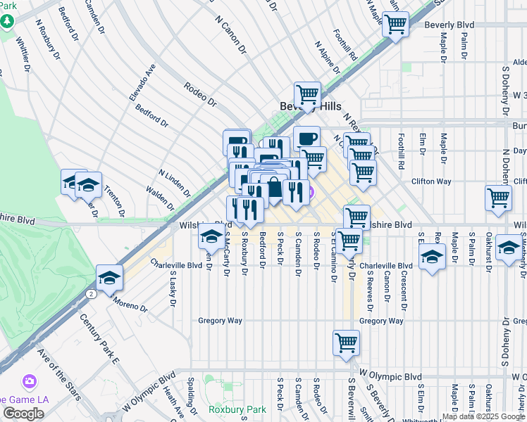 map of restaurants, bars, coffee shops, grocery stores, and more near 301 North Camden Drive in Beverly Hills