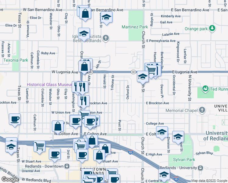 map of restaurants, bars, coffee shops, grocery stores, and more near 1140 Tribune Street in Redlands
