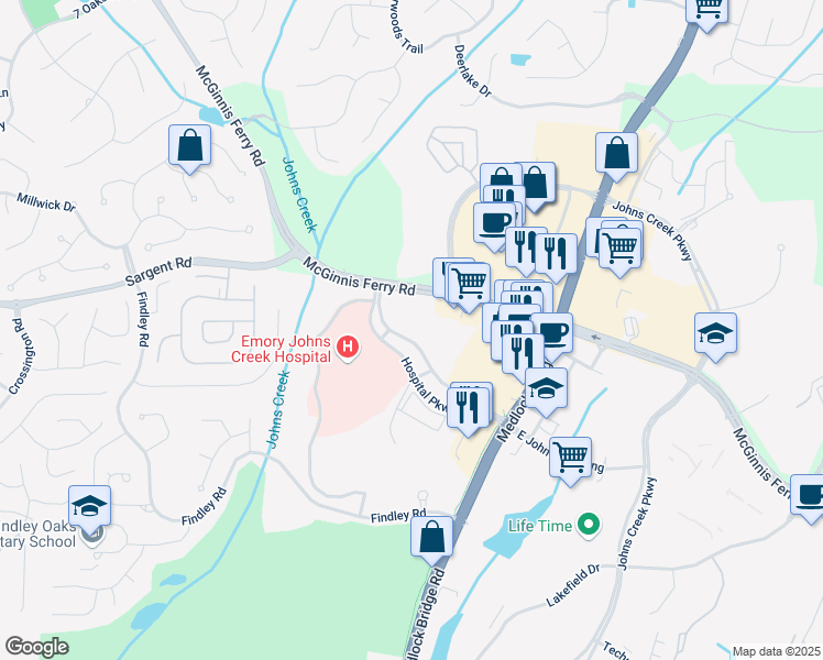 map of restaurants, bars, coffee shops, grocery stores, and more near 6300 Hospital Parkway in Johns Creek