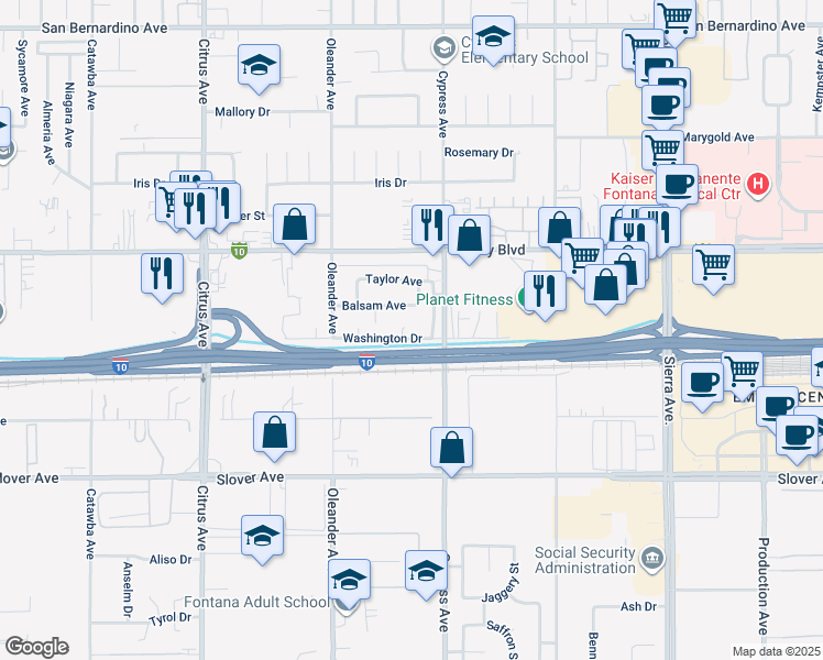 map of restaurants, bars, coffee shops, grocery stores, and more near 16448 Washington Drive in Fontana