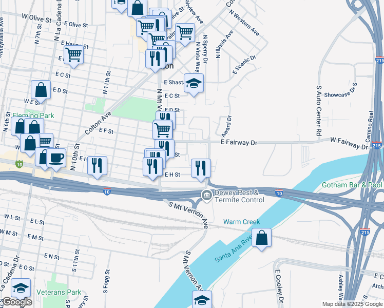 map of restaurants, bars, coffee shops, grocery stores, and more near 904 Fairway Avenue in Colton