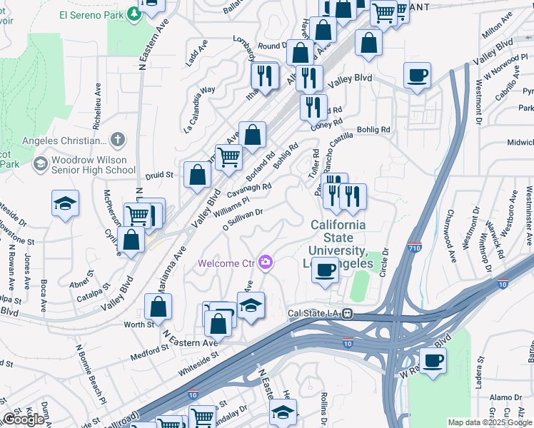 map of restaurants, bars, coffee shops, grocery stores, and more near 5050 O Sullivan Drive in Los Angeles