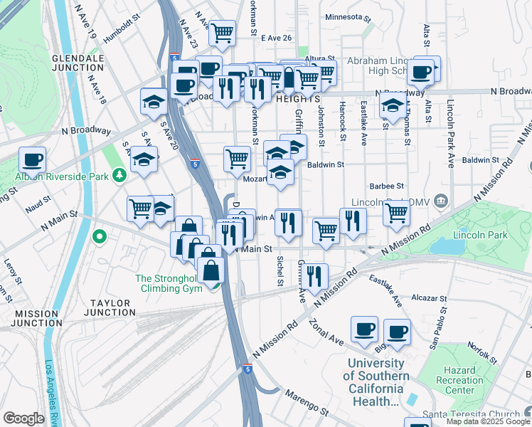 map of restaurants, bars, coffee shops, grocery stores, and more near 2717 Darwin Avenue in Los Angeles