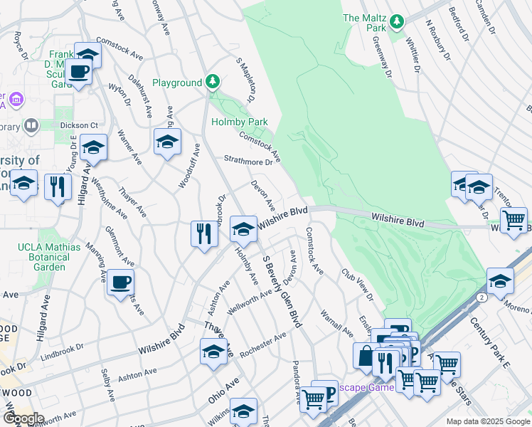 map of restaurants, bars, coffee shops, grocery stores, and more near 10351 Wilshire Boulevard in Los Angeles