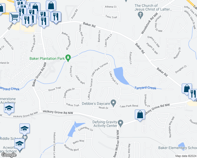 map of restaurants, bars, coffee shops, grocery stores, and more near 3025 Lake Park Trail in Acworth