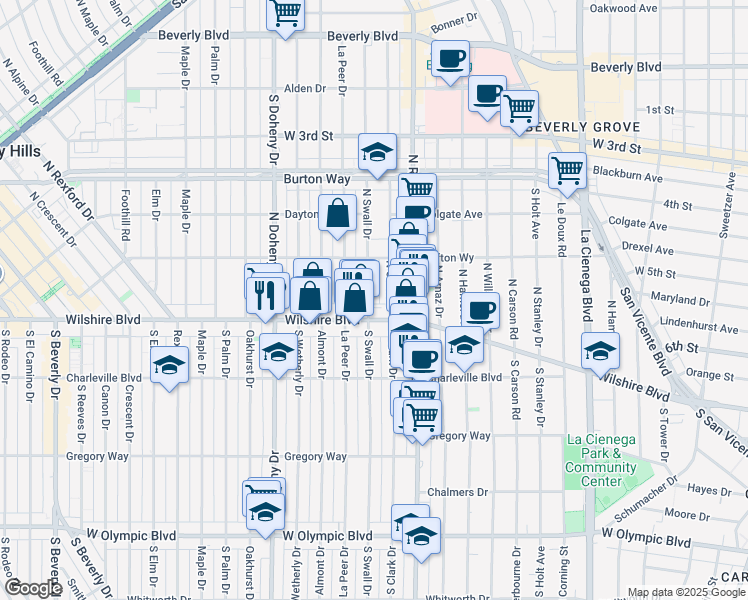 map of restaurants, bars, coffee shops, grocery stores, and more near 116 North Swall Drive in Beverly Hills