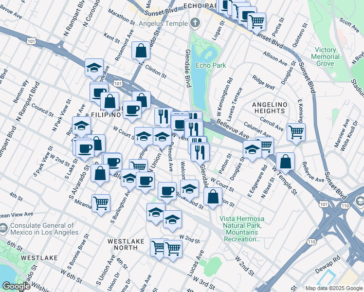 map of restaurants, bars, coffee shops, grocery stores, and more near 1608 West Temple Street in Los Angeles