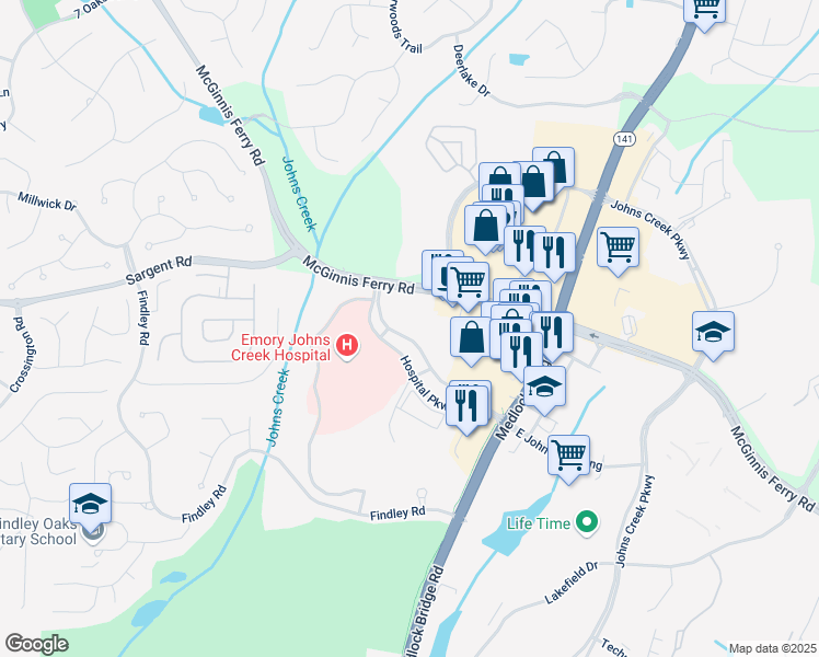 map of restaurants, bars, coffee shops, grocery stores, and more near 6300 Hospital Parkway in Johns Creek