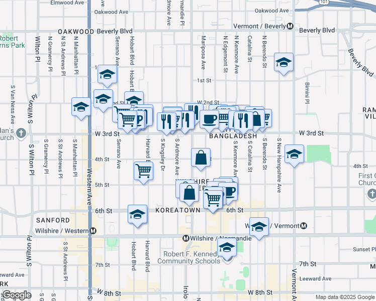map of restaurants, bars, coffee shops, grocery stores, and more near 341 Normandie Avenue in Los Angeles