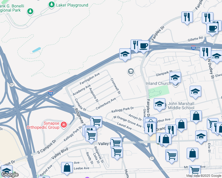 map of restaurants, bars, coffee shops, grocery stores, and more near 2224 Belinda Avenue in Pomona
