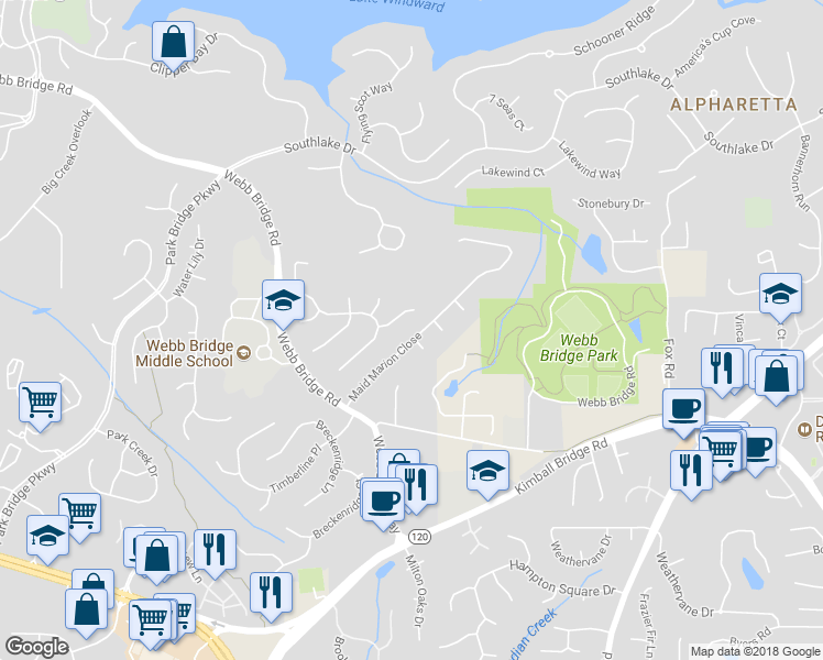 map of restaurants, bars, coffee shops, grocery stores, and more near 6410 Maid Marion Close in Alpharetta