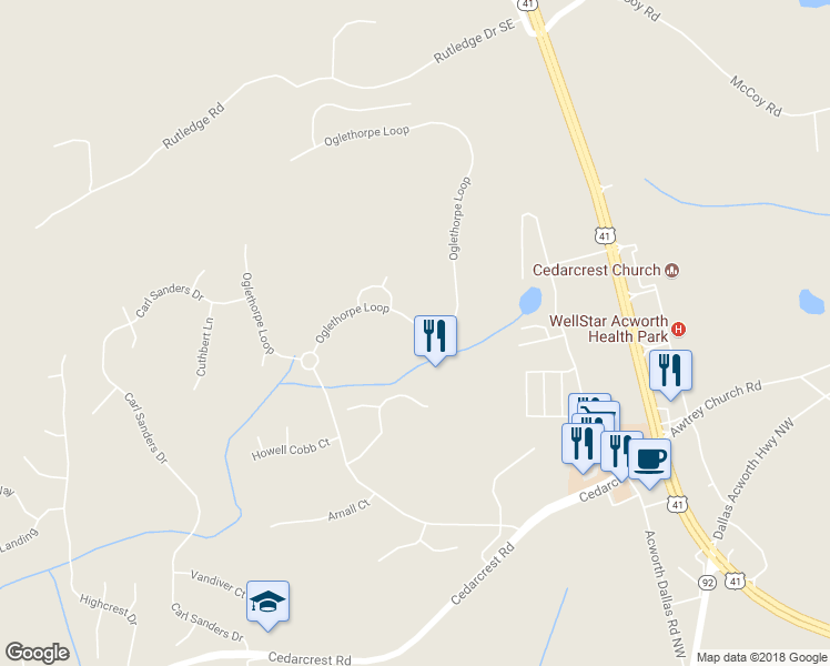 map of restaurants, bars, coffee shops, grocery stores, and more near 4350 Oglethorpe Loop in Acworth
