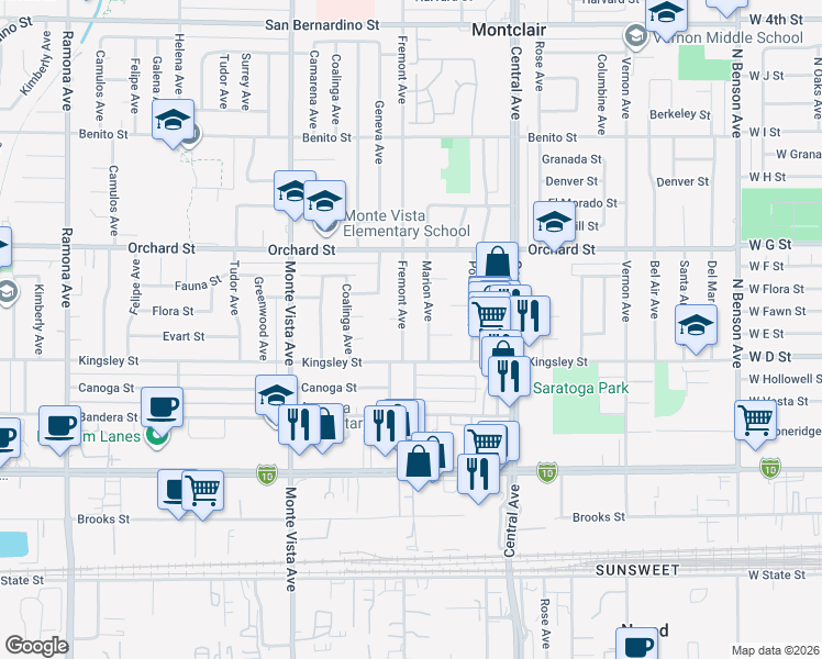 map of restaurants, bars, coffee shops, grocery stores, and more near 10243 Fremont Avenue in Montclair