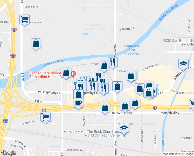 map of restaurants, bars, coffee shops, grocery stores, and more near 1881 East Commercenter Circle in San Bernardino