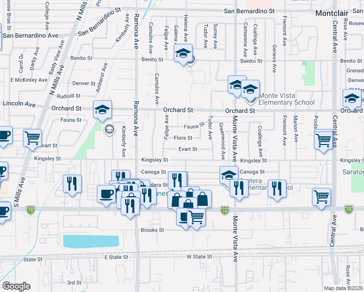 map of restaurants, bars, coffee shops, grocery stores, and more near 4686 Evart Street in Montclair