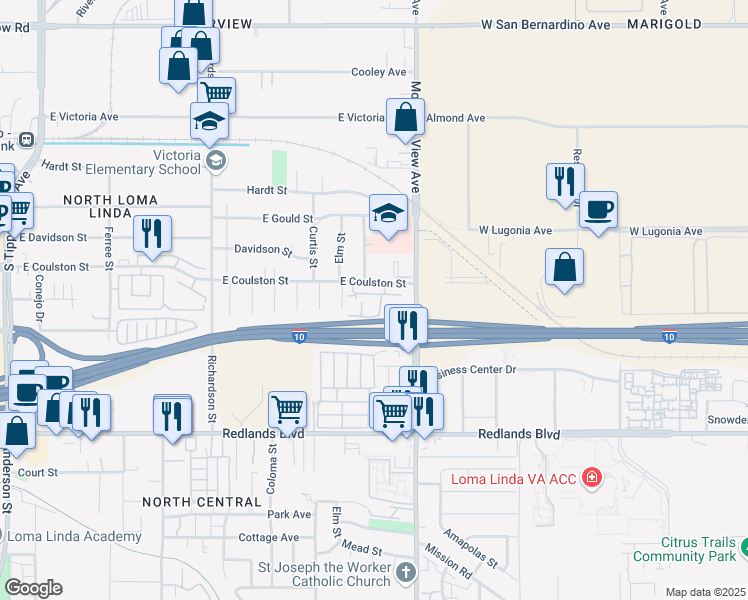 map of restaurants, bars, coffee shops, grocery stores, and more near in Loma Linda