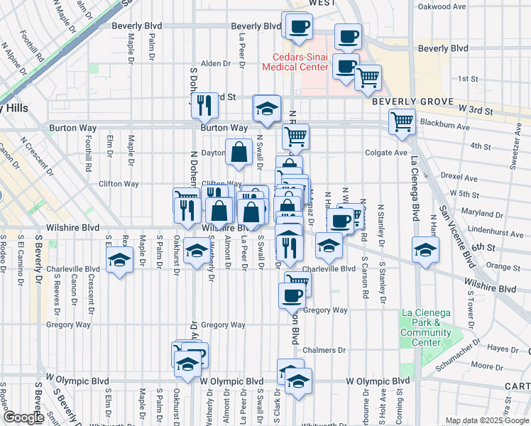 map of restaurants, bars, coffee shops, grocery stores, and more near 116 North Swall Drive in Beverly Hills