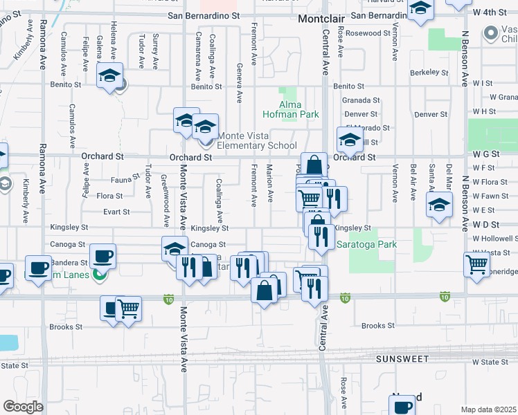 map of restaurants, bars, coffee shops, grocery stores, and more near 10243 Fremont Avenue in Montclair