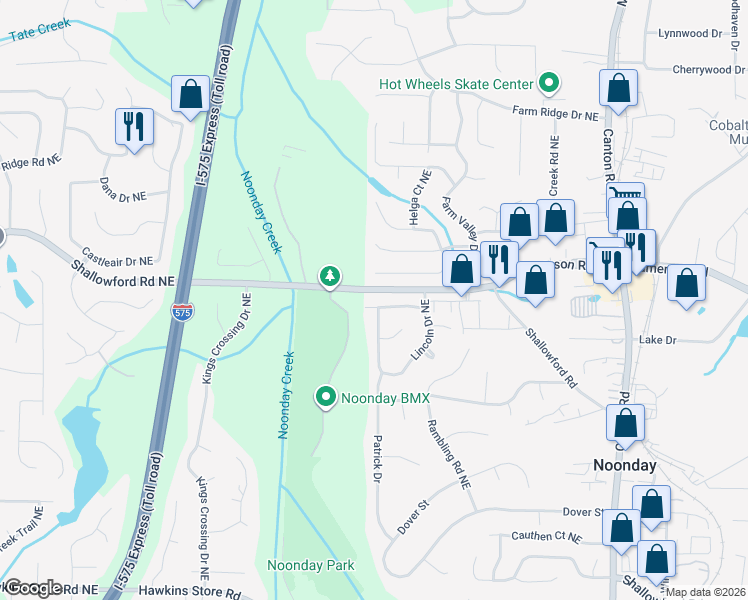 map of restaurants, bars, coffee shops, grocery stores, and more near 613 Rail Splitter Drive Northeast in Kennesaw