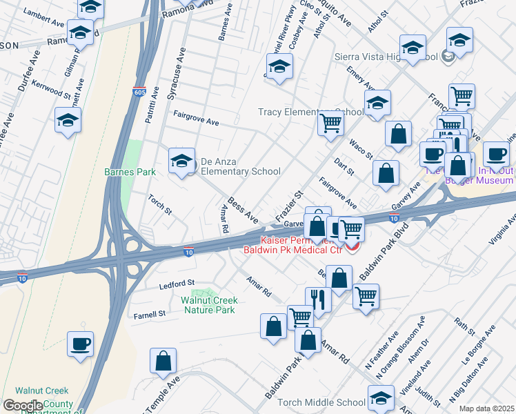 map of restaurants, bars, coffee shops, grocery stores, and more near 3134 Mangum Street in Baldwin Park