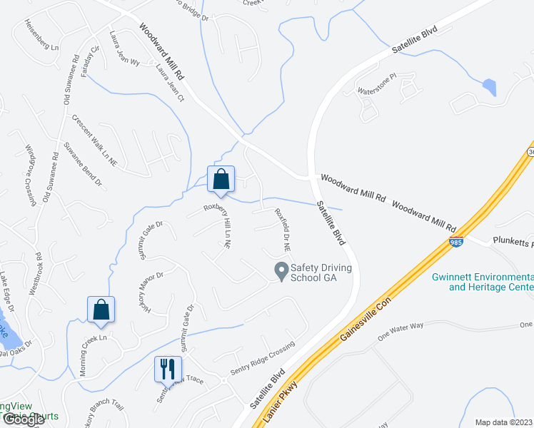 map of restaurants, bars, coffee shops, grocery stores, and more near 3852 Roxfield Drive Northeast in Buford