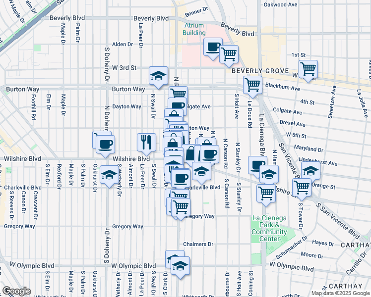 map of restaurants, bars, coffee shops, grocery stores, and more near 151 North Arnaz Drive in Beverly Hills