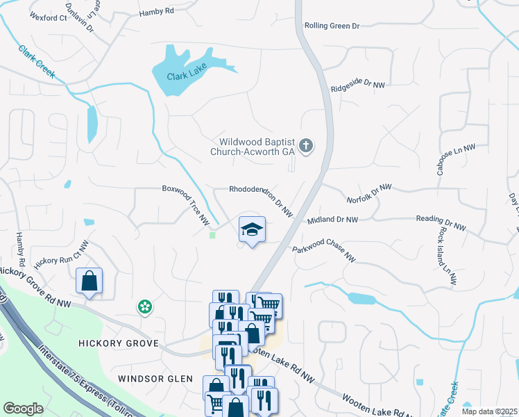 map of restaurants, bars, coffee shops, grocery stores, and more near 1400 Boxwood Trce Northwest in Acworth
