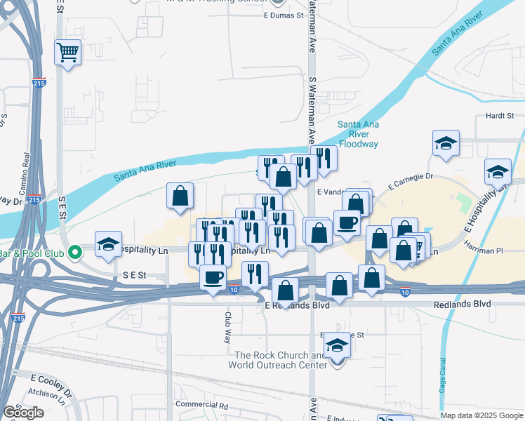 map of restaurants, bars, coffee shops, grocery stores, and more near 1881 Commercenter Drive East in San Bernardino