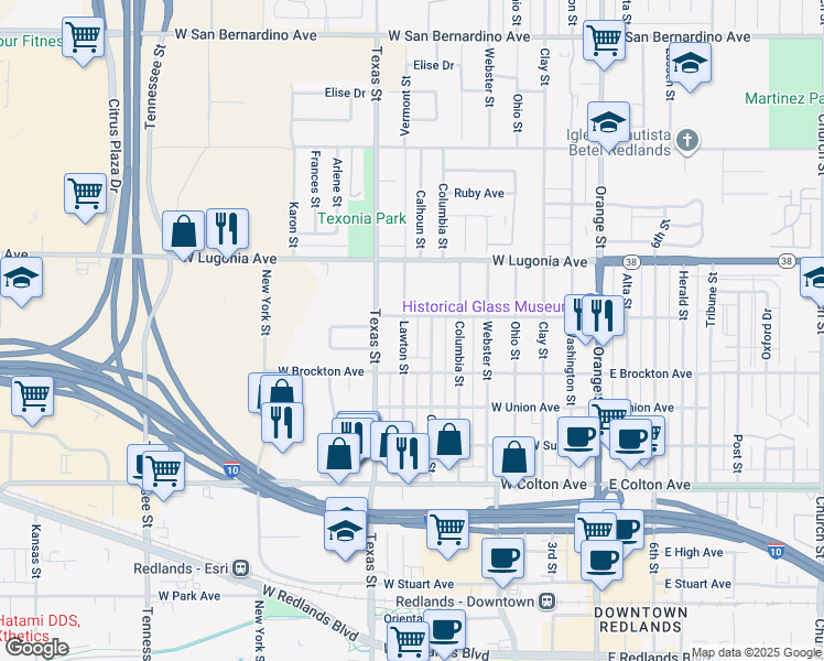 map of restaurants, bars, coffee shops, grocery stores, and more near 1143 Lawton Street in Redlands