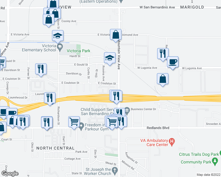 map of restaurants, bars, coffee shops, grocery stores, and more near 1070 Mountain View Avenue in Redlands