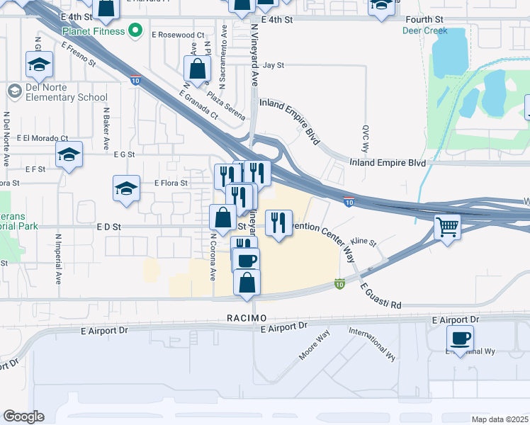map of restaurants, bars, coffee shops, grocery stores, and more near 430 North Vineyard Avenue in Ontario