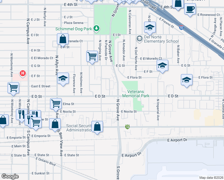 map of restaurants, bars, coffee shops, grocery stores, and more near 427 North Parkside Drive in Ontario