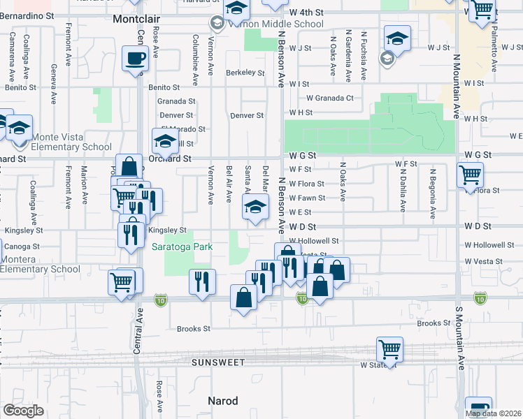 map of restaurants, bars, coffee shops, grocery stores, and more near 10251 Santa Anita Avenue in Montclair