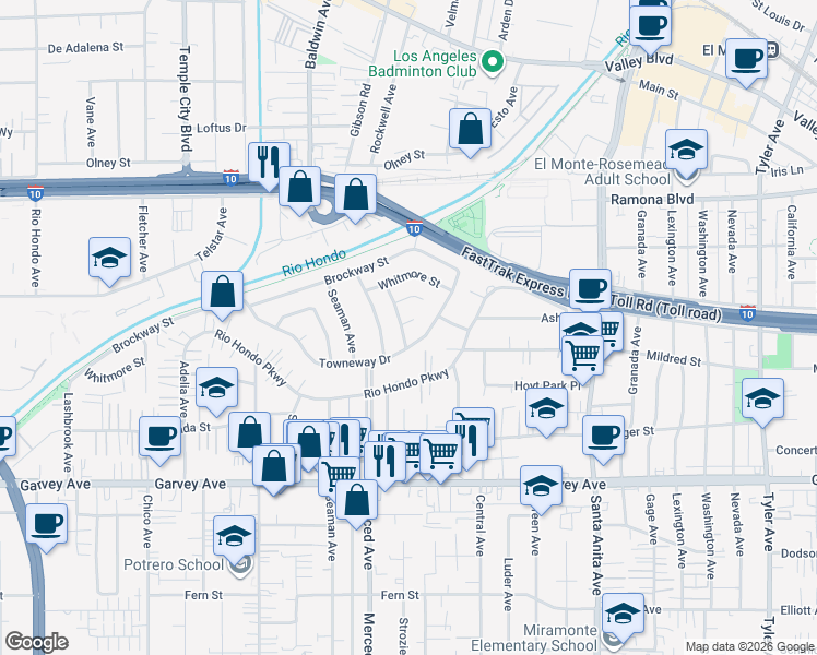 map of restaurants, bars, coffee shops, grocery stores, and more near 3336 Edwards Avenue in El Monte