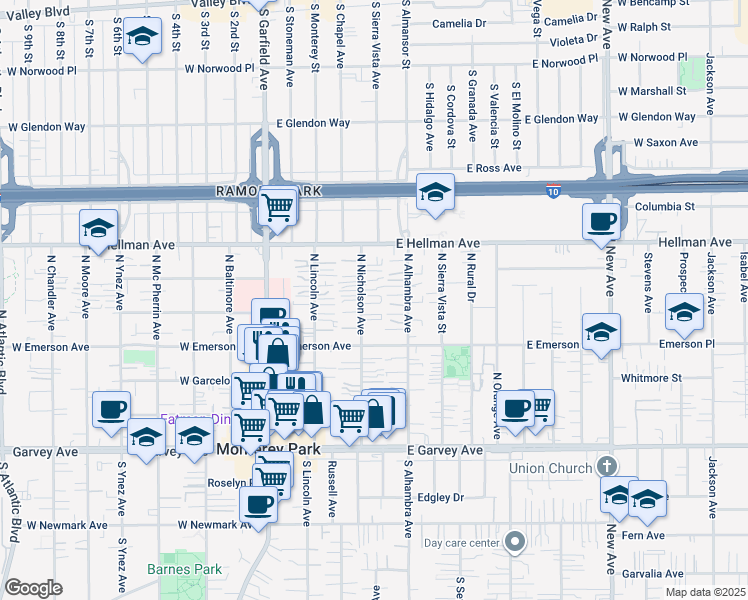 map of restaurants, bars, coffee shops, grocery stores, and more near 521 North Nicholson Avenue in Monterey Park