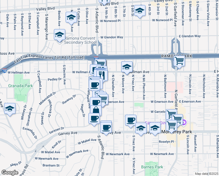 map of restaurants, bars, coffee shops, grocery stores, and more near 521 North Chandler Avenue in Monterey Park